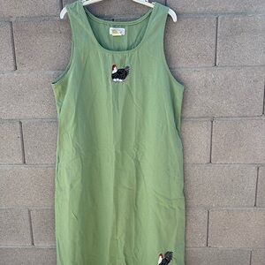 Mandal Bay Jumper Dress Overall Maxi Green Cotton Hen Rooster Embroidered XXL